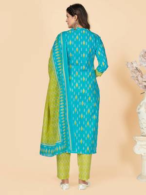 Sky Blue Embroidered Cotton Straight Kurta Pant With Dupatta 3