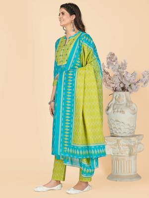 Sky Blue Embroidered Cotton Straight Kurta Pant With Dupatta 4
