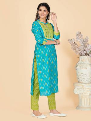 Sky Blue Embroidered Cotton Straight Kurta Pant With Dupatta 5