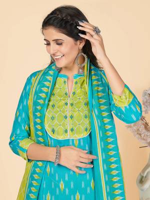 Sky Blue Embroidered Cotton Straight Kurta Pant With Dupatta 6