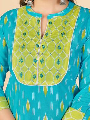 Sky Blue Embroidered Cotton Straight Kurta Pant With Dupatta 7