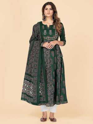 Green Embroidered Cotton Anarkali Stitched Kurta With Dupatta 1
