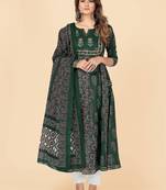 Green Embroidered Cotton Anarkali Stitched Kurta With Dupatta