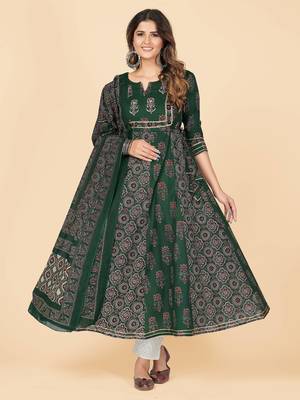 Green Embroidered Cotton Anarkali Stitched Kurta With Dupatta 2
