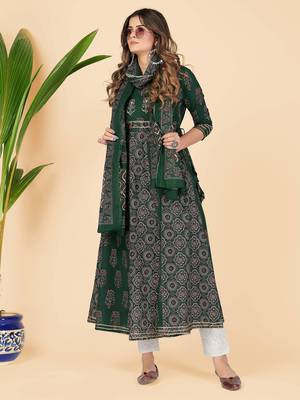 Green Embroidered Cotton Anarkali Stitched Kurta With Dupatta 3