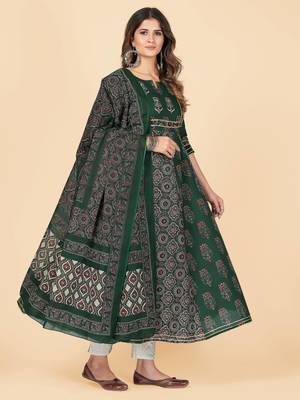 Green Embroidered Cotton Anarkali Stitched Kurta With Dupatta 6