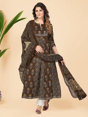 Brown Embroidered Cotton Anarkali Stitched Kurta With Dupatta 1
