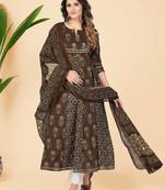 Brown Embroidered Cotton Anarkali Stitched Kurta With Dupatta