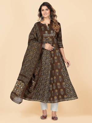 Brown Embroidered Cotton Anarkali Stitched Kurta With Dupatta 2
