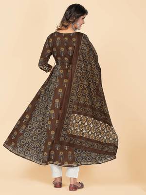 Brown Embroidered Cotton Anarkali Stitched Kurta With Dupatta 3