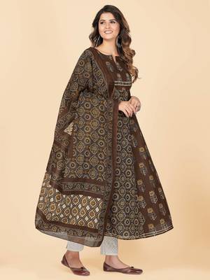 Brown Embroidered Cotton Anarkali Stitched Kurta With Dupatta 4