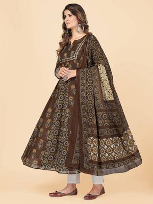 Brown Embroidered Cotton Anarkali Stitched Kurta With Dupatta 5
