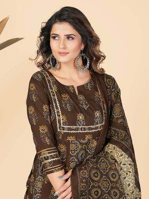 Brown Embroidered Cotton Anarkali Stitched Kurta With Dupatta 6