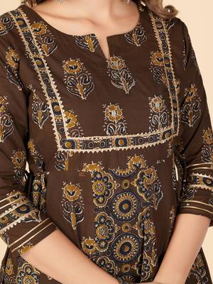 Brown Embroidered Cotton Anarkali Stitched Kurta With Dupatta 7
