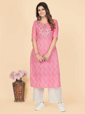 Pink Embroidered Cotton Anarkali Stitched Kurta 1