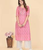 Pink Embroidered Cotton Anarkali Stitched Kurta