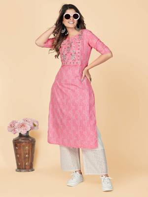Pink Embroidered Cotton Anarkali Stitched Kurta 2