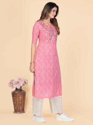 Pink Embroidered Cotton Anarkali Stitched Kurta 4