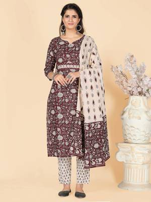 Wine Embroidered Cotton Straight Stitched Kurta Pant With Dupatta 1