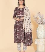 Wine Embroidered Cotton Straight Stitched Kurta Pant With Dupatta