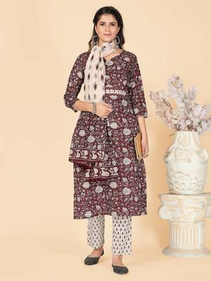 Wine Embroidered Cotton Straight Stitched Kurta Pant With Dupatta 2