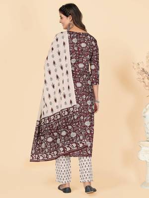 Wine Embroidered Cotton Straight Stitched Kurta Pant With Dupatta 3