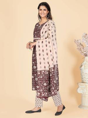 Wine Embroidered Cotton Straight Stitched Kurta Pant With Dupatta 4
