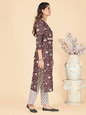 Wine Embroidered Cotton Straight Stitched Kurta Pant With Dupatta 5