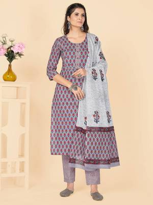 Lavender Embroidered Cotton Straight Stitched Kurta Pant With Dupatta 1