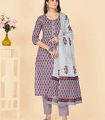 Lavender Embroidered Cotton Straight Stitched Kurta Pant With Dupatta