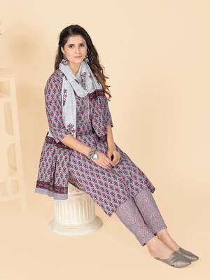 Lavender Embroidered Cotton Straight Stitched Kurta Pant With Dupatta 2