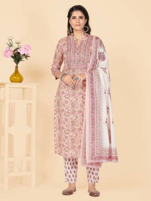 Peach Embroidered Cotton Straight Stitched Kurta Pant With Dupatta 1
