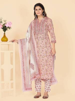 Peach Embroidered Cotton Straight Stitched Kurta Pant With Dupatta 2