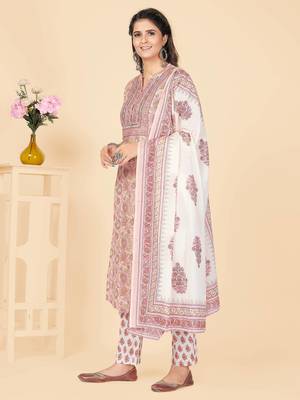 Peach Embroidered Cotton Straight Stitched Kurta Pant With Dupatta 4