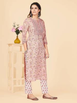 Peach Embroidered Cotton Straight Stitched Kurta Pant With Dupatta 5