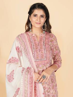 Peach Embroidered Cotton Straight Stitched Kurta Pant With Dupatta 6