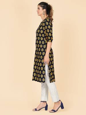 Black Printed Rayon Straight Stitched Kurta 4