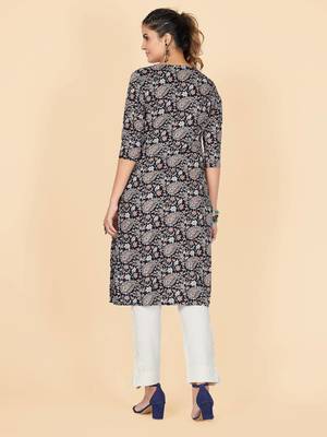Black Printed Rayon Straight Stitched Kurta 3