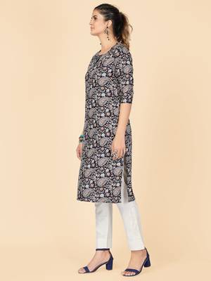 Black Printed Rayon Straight Stitched Kurta 4