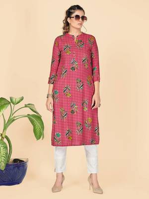 Pink Printed Rayon Straight Stitched Kurta 2