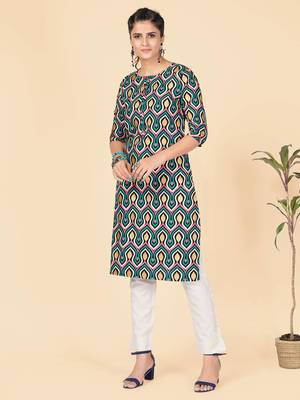 Aqua Printed Rayon Straight Stitched Kurta 2