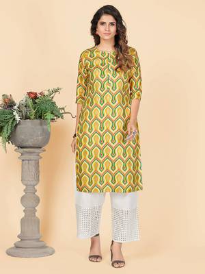 Yellow Foil Print Rayon Straight Stitched Kurta 1