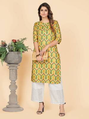 Yellow Foil Print Rayon Straight Stitched Kurta 2