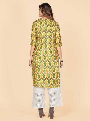 Yellow Foil Print Rayon Straight Stitched Kurta 3