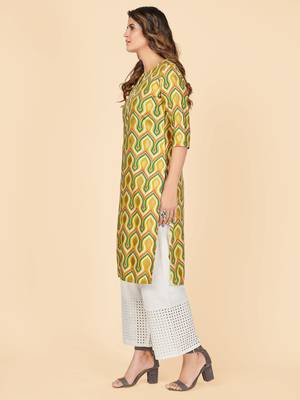 Yellow Foil Print Rayon Straight Stitched Kurta 4