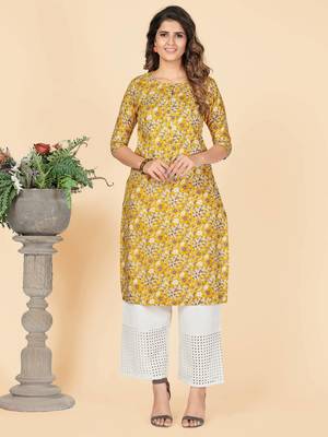 Yellow Floral Print Rayon Straight Stitched Kurta 1