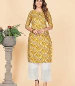 Yellow Floral Print Rayon Straight Stitched Kurta
