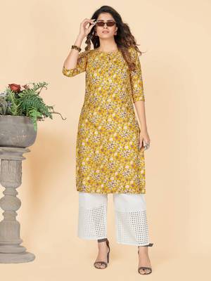 Yellow Floral Print Rayon Straight Stitched Kurta 2