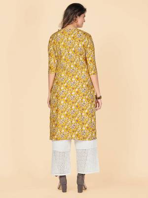 Yellow Floral Print Rayon Straight Stitched Kurta 3