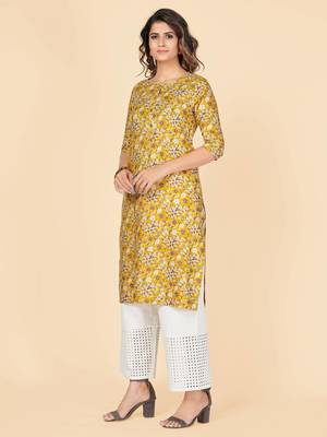 Yellow Floral Print Rayon Straight Stitched Kurta 4